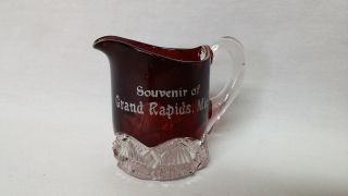 1890s Souvenir Ruby Stain Glass Mini Pitcher Grand Rapids Michigan Antique EAPG 2
