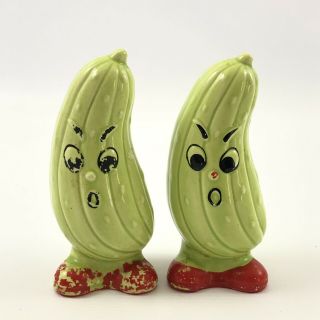 Vintage Anthropomorphic Pickle Salt And Pepper Shakers Made In Japan