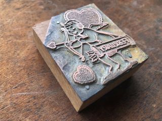 Antique Copper Printers Block mounted on wood - Valentine ' s Day Cupid February 3