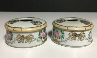 (2) Vintage Antique Hand Painted Nippon Hair Receiver Gold Moriage Green " M "