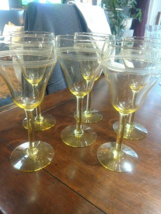 6 Yellow Depression Crystal Goblet Wine Antique Etched Glass,  Cut Stemware Tall