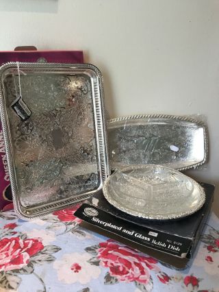 Vintage Silver Plated Serving Trays Relish Dish Boxed