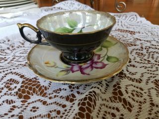 Vintage Tea Cup And Saucer Set Japan Black Floral Green Purple Irridescent