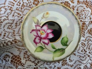 Vintage Tea Cup and Saucer Set Japan Black Floral Green Purple Irridescent 3