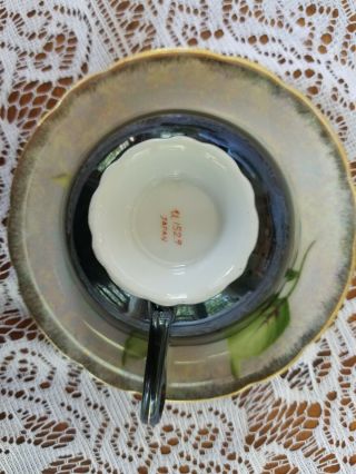 Vintage Tea Cup and Saucer Set Japan Black Floral Green Purple Irridescent 4