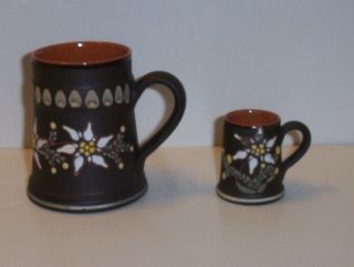 Vintage Enamel Slip Decorated Redware Pottery Mini Mug & Large Mug Sgnd Schweiz