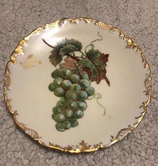 Antique T&v Limoges Hand Painted Green Grapes Plate Dish Gold Rim Signed