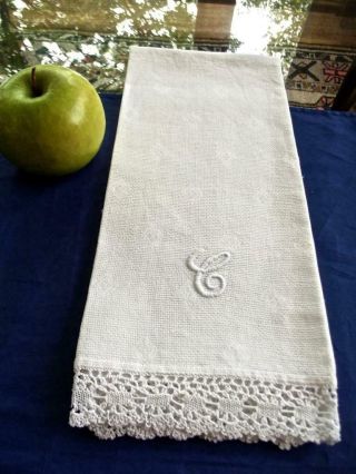Antique Irish Huck Damask Linen Bath Spa Towel 17x26 Crochet Lace Trims Mono S