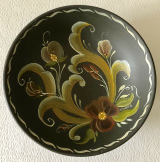 Vintage Hand Painted Artist Signed Norwegian Rosemaling Flowers Wood Small Bowl