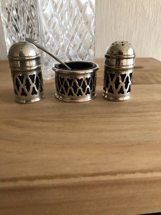 Vintage Silver Plated Salt,  Pepper Pots And Mustard Pot And Spoon