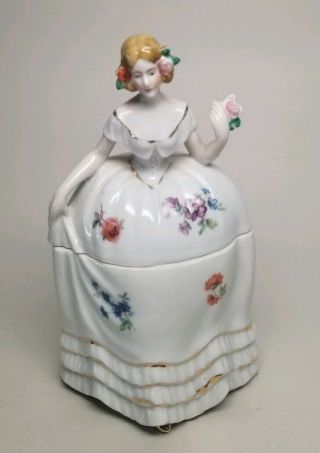 Vintage Victorian Lady Dresser Half Doll Trinket Powder Vanity Box Jar Japan