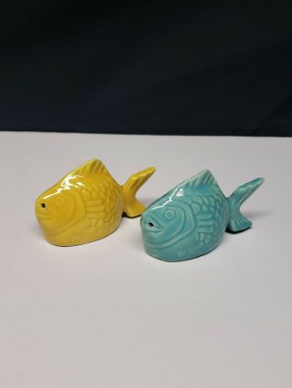 Vintage Ceramic Chicken Of The Sea Fish Salt & Pepper Shakers,  Yellow/blue