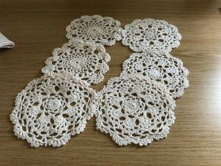 Vintage Set Of 6 White Crochet Coaster Mats