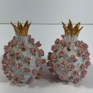 Vintage Lefton Porcelain Pineapple With Pink Rose Rosettes Salt And Pepper
