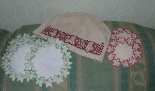 Vintage Hand Embroidered Tea Cosy And Embroidered Mats Red And Green Ivy