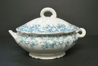 Antique John Maddock And Sons Royal Vitreous Blue Meredith Gravy Boat W/lid
