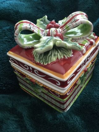 Fitz & Floyd Dear Santa Christmas Holiday Trinket Holly Bow 2 Piece Box With Lid