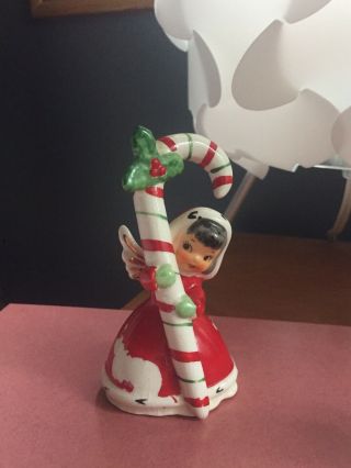 Vtg Christmas Figurine 1956 Napco Angel Girl Candy Cane Bell Japan Brunette