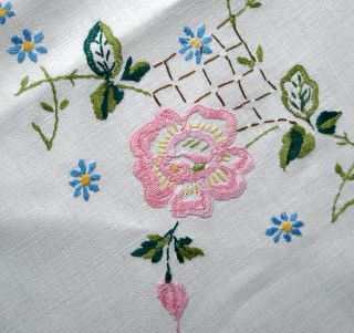 Vintage Compactly Hand Embroidered Florals Linen Tablecloth