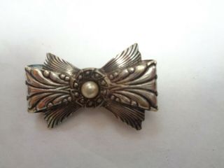 Antique Art Nouveau Sterling Silver White Faux Pearl Bow Pin C Clasp