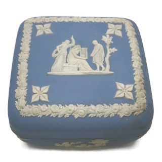 Wedgwood Light Blue Jasperware Square Classical Women With Lyre Trinket Box