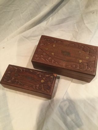 2 X Small Vintage Wooden Boxes With Brass Inlay