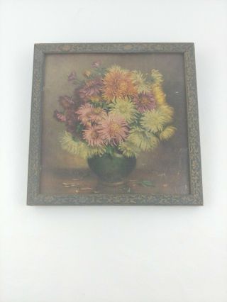 Vintage Small Floral Printed Painting Wood Frame Signed C.  V.  Bibez
