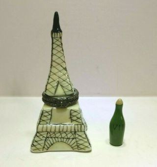 2 1/2 " Eiffel Tower Porcelain Hinged Trinket Box With Tiny Wine Bottle