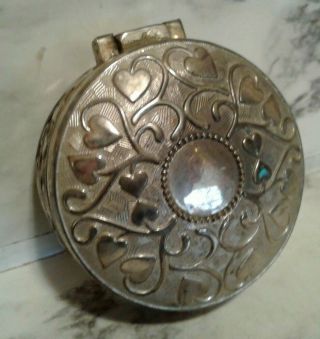 Vintage Ornate Silver Tone Ivy & Hearts Metal Round Velvet Lined Trinket Box