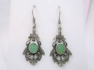 Vintage Sterling Silver W Green Stone ? Botanic Design Earrings - Marked 925