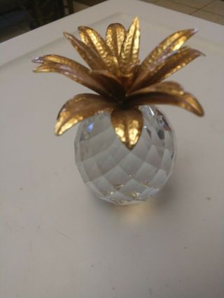 Swarovski Crystal Large Pineapple Paperweight Gold Hammered Leaves 4 1/8 "