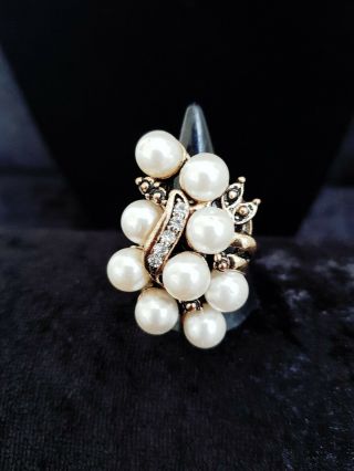 Chunky Antique Gold Effect Statement Faux Pearl Costume Ring Adjustable