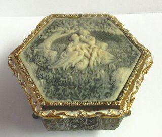 Lovely Vintage Sankyo Japan Music Box W.  Carved Incolay Lid,  Plays " Love Story "
