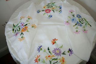 Pretty Vintage French Hand Embroidered Linen Tablecloth Florals.