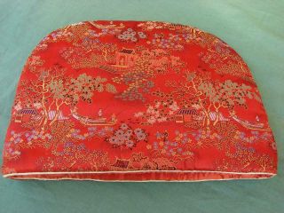 Vintage Tea Cosy,  Cover Padded Red Satin Bright Oriental Pattern 13in X 10in