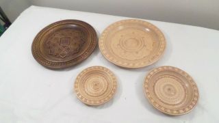 4 Vintage Decorative Wall Hanging Wood Plates With Carved Designs