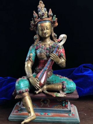 Chinese Antique Tibetan Buddhism Old Copper Hand - Set Gemstone Tara