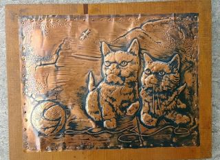 Vintage Hammered Copper Wood Repousse Wall Art Plaque Cat,  Kittens,  & Yarn Ball