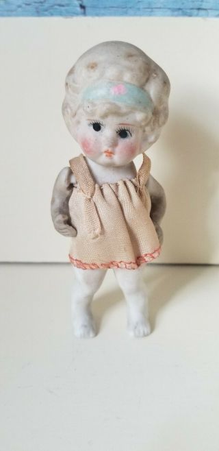 Vintage Penny Bisque Kewpie Doll With Jointed Arms Cloth Dress Made In Japan