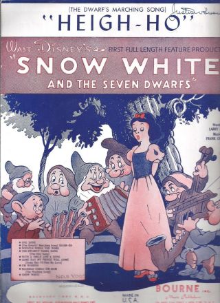Walt Disney Snow White & Seven Dwarfs Heigh Ho Vintage Sheet Music 1938