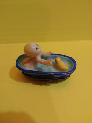 Vintage Limoges Trinket Box Baby Boy In Bathtub Rubber Duck Peint Main