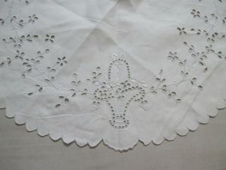 Antique hand embroidery cut out work basket w/ flowers linen tablecloth 18 1/2 