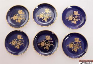 Set - 6 Miniature Blue Floral Limoges Plates 3 " Elegant Gold Trim France Porcelain