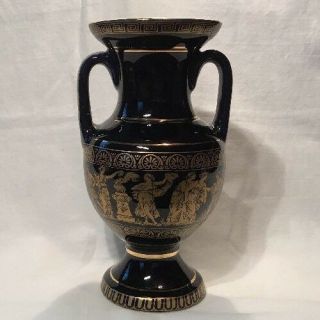 A 6 " Urn/vase With A Grecian Style Design In 24k Gold On A Blue/black Background