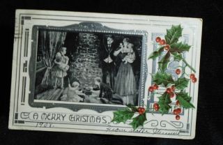 Family At The Christmas Tree Children Playing Antique Christmas Postcard