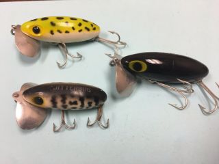 3 Vintage Fred Arbogast Jitterbug Fishing Lures Coach Dog Frog Black Unknown Age