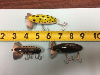 3 Vintage Fred Arbogast JITTERBUG Fishing Lures Coach Dog Frog Black Unknown Age 2