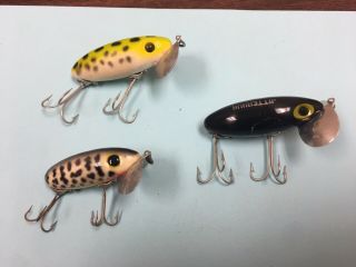 3 Vintage Fred Arbogast JITTERBUG Fishing Lures Coach Dog Frog Black Unknown Age 3