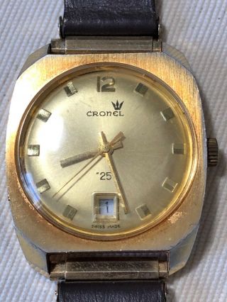 Vintage Cronel 25 Swiss Watch Model 8800 Gold Tone Brown Leather Strap