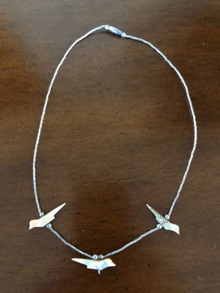Antique Vintage Native American Sterling Silver Fetish Necklace Carved Birds